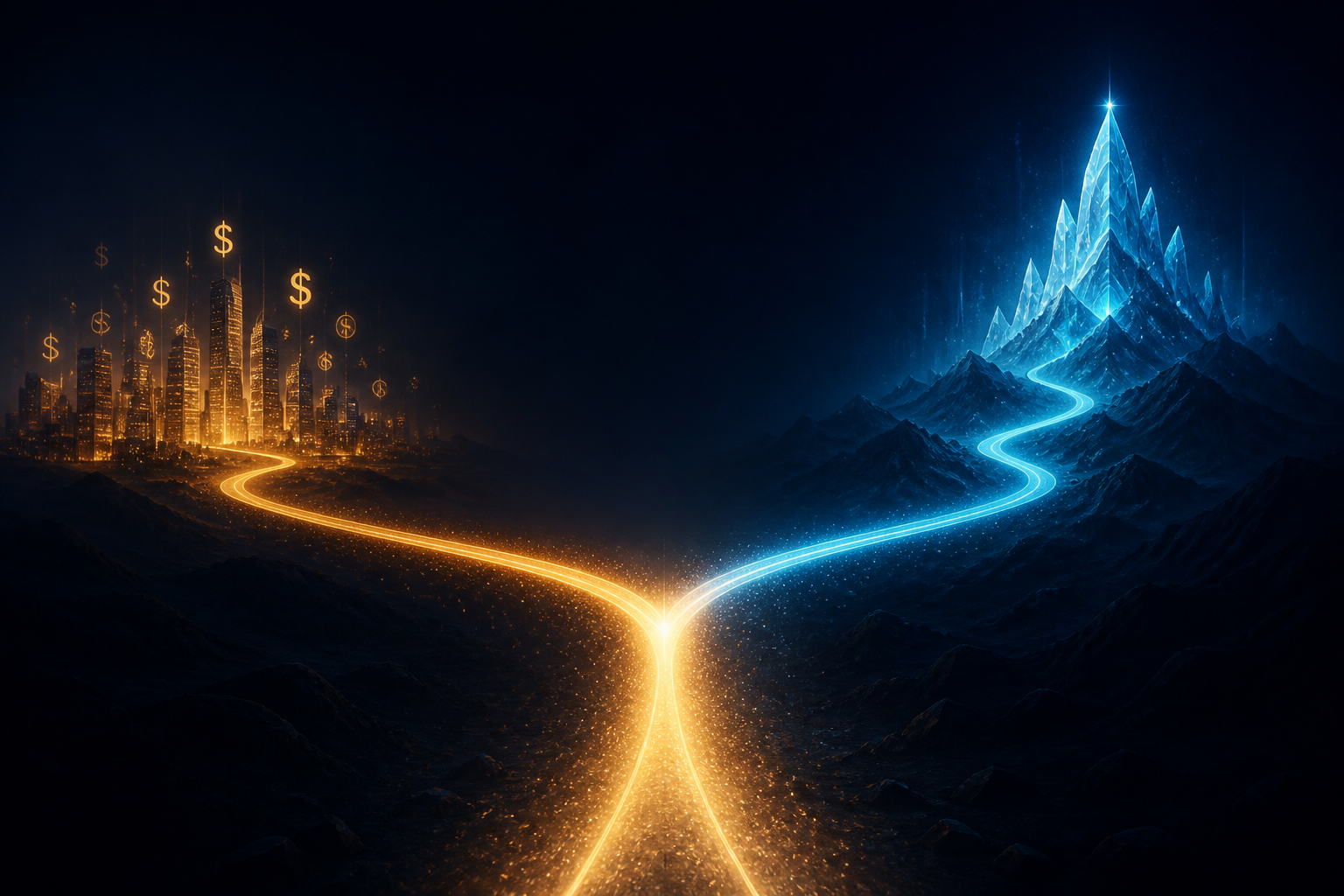 A glowing path splitting into two roads at L4 — one leads to deployment and profit, the other leads upward toward admissibility