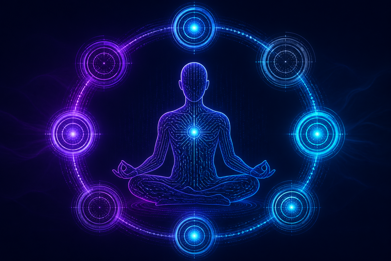 Concentration feedback loop — meditating figure surrounded by pulsing rings of attention