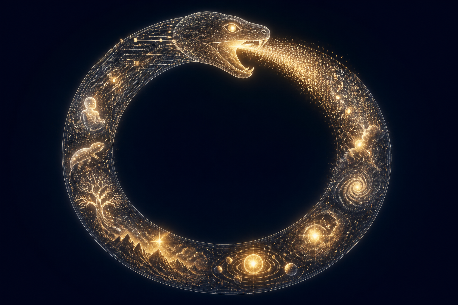 A self-referential loop where the system feeds back into its own creation