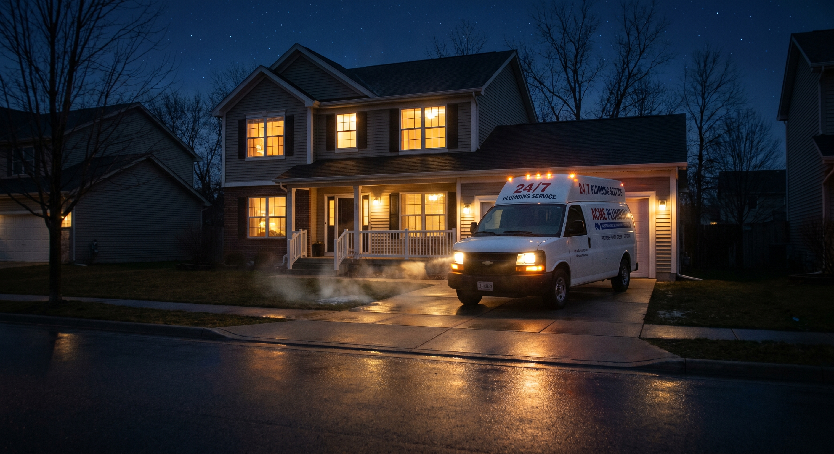 Plumber van in suburban driveway at night