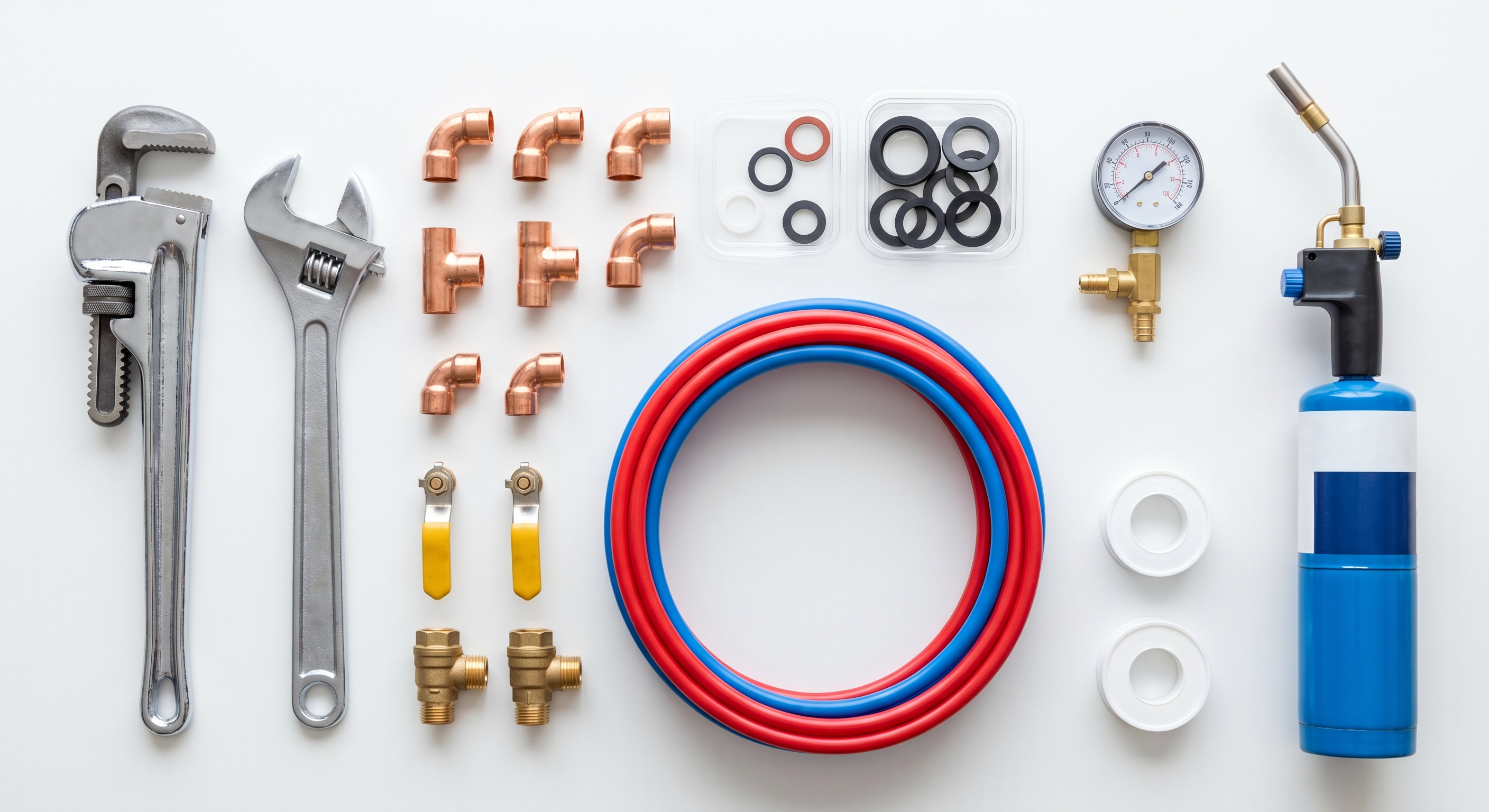 Plumber's tools: pipe wrench, copper fittings, PEX tubing